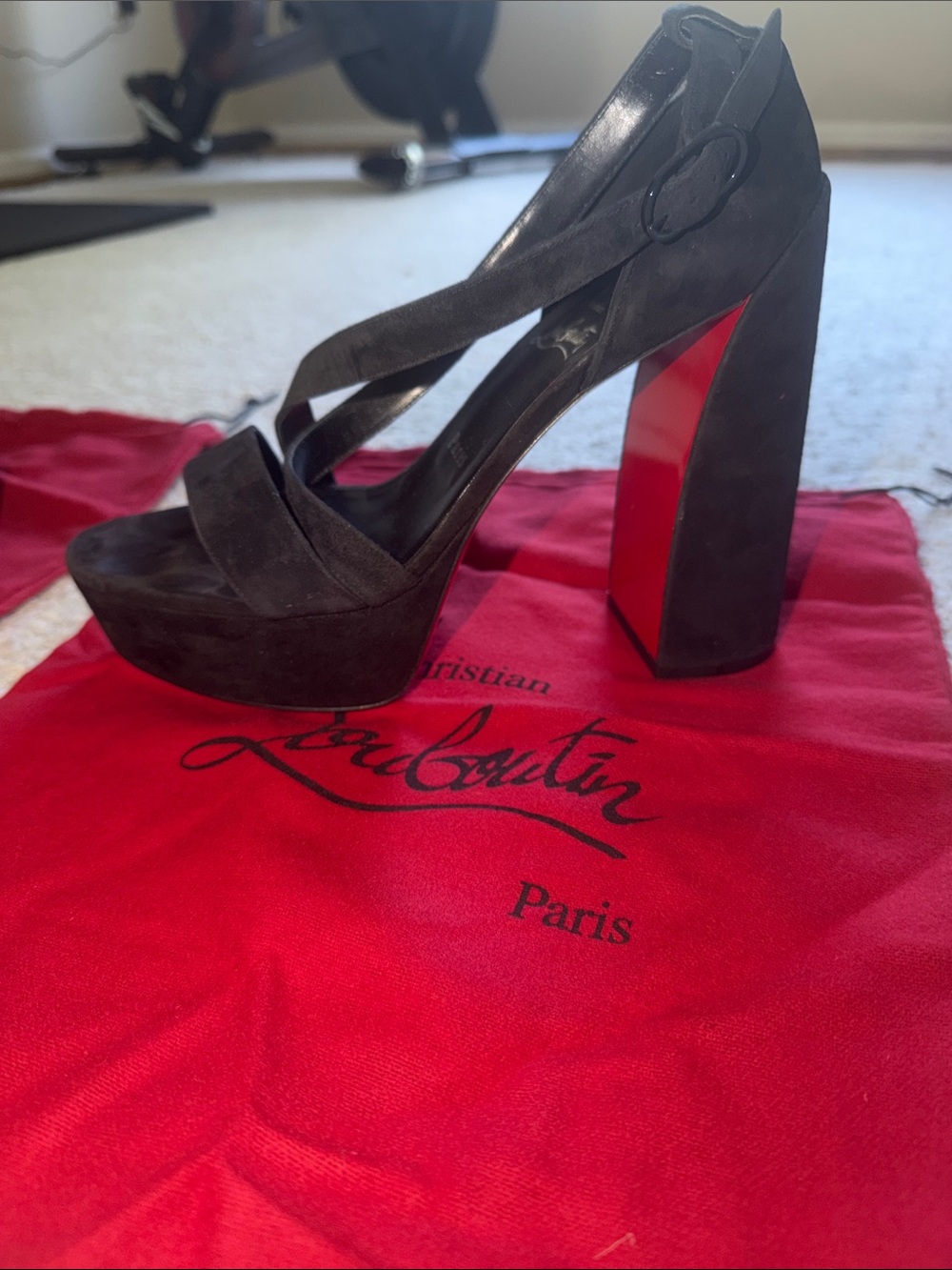 Christian Louboutin Black Suede Platform Sandal with Signature Red Sole